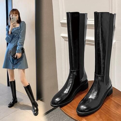 2020 Winter Genuine Leather Long Boots Women Office Lady Round Toe Med Heels Shoes Female Platform Knee-High Boots New 34-42