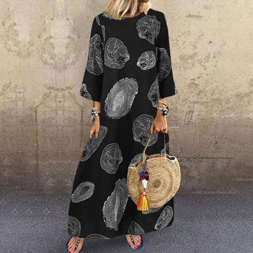 80%HOT3/4 Sleeve Printing Casual Dress Women O Neck Large Hem Maxi Dress Streetwear
