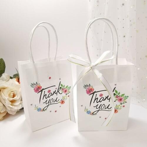 12pcs White Thank You Paper Packaging Dragee Paper Gift Bag with Handle Flower Wrapping Bags Wedding Decor Bonbonniere Supplies