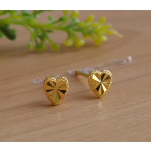 999 Real 24K Yellow Gold Earrings Women Luck Heart Stud Earrings 0.82g 5.2mmW Beauty Women Earrings