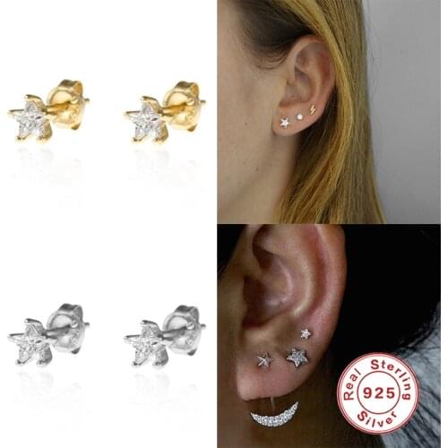 GS 925 Sterling Silver Shiny Zircon Star Stud Earrings For Women Best Friend Gifts Pentagram Five-pointed Star Ear Studs Aros
