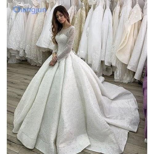 Chengjun New Design Dubai Scoop Lace Beaded Pearls Luxury Ivory Long Sleeve Ball Gown Weddding Dresses