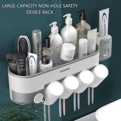 Adsorption Toothbrush Holder Automatic Toothpaste Dispenser With Cup Wall Mount Toiletries Storage Rack Bathroom Accessories Set