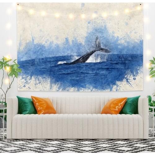 Blue Sea and Fish Landscape Tapestry Vintage Exotic Summer Plant Nature Frame for Bedroom Photography Wall Decor
