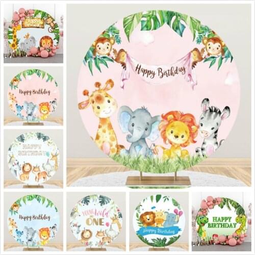 DAWNKNOW Round Circle Elastic Photography Background Backdrop Cartoon Zoo Baby Birthday Party Decoration Photo Studio Customize