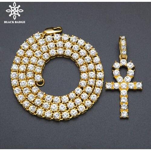 Men Women Alloy Hip Hop Iced Out Ankh Cross Pendant Tennis Chain CZ Egyptian Key Of Life Pendant&Necklace Jewelry Gift