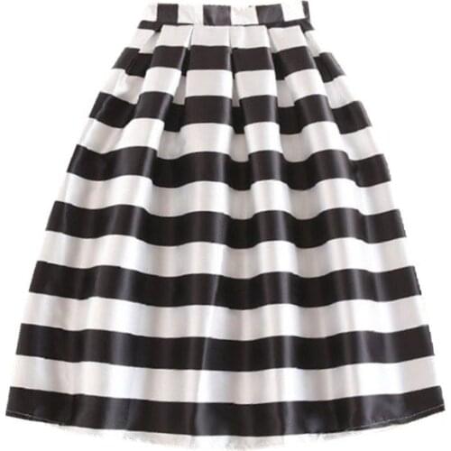 BunniesFairy 2021 Summer New Women Black and White Horizontal Block Stripe Geometric Print Pleated Midi Skirt for Office Work
