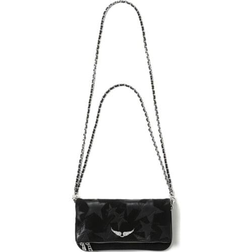 2021 New Fashion Bag Women Black Small Shouler Bags Genuine Leather Star Rhinestone Wings Decorated Chains Handbag