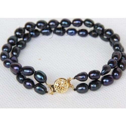 New hot 8" 2row 9mm rice black pearls bracelet gold plated clasp