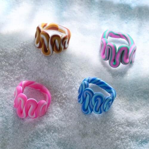 New Vintage Handmade Ceramic Clay Irregular Wave Rings For Women hyperbole Colorful Stripe Soft Pottery Wide Ring Jewelry Gifts