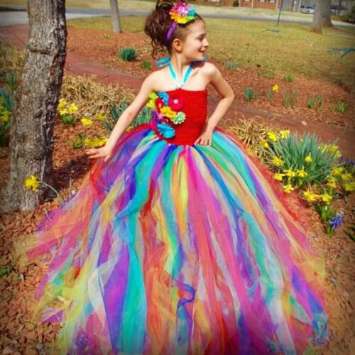 Rainbow Wedding Princess Kids Girls Tutu Dresses Tulle Straps Flower Children Children Dress birthday christmas Kids Clothes USA