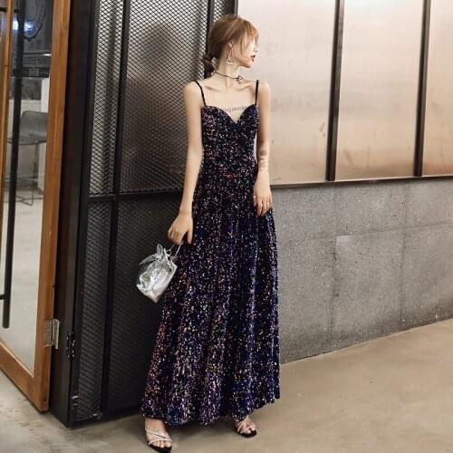 Robe De Soiree Evening Dress Sequined Crystal V-Neck Sleeveless Floor-length Dinner Gowns