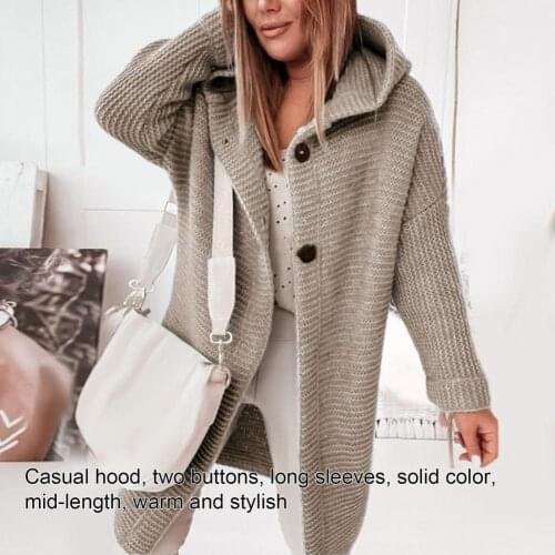 Womens Knitted Cardian Sweater Hoodies Autumn Winter Solid Color Long Sleeve Two Buttons Oversized Femme Sweater Coat Outerwear