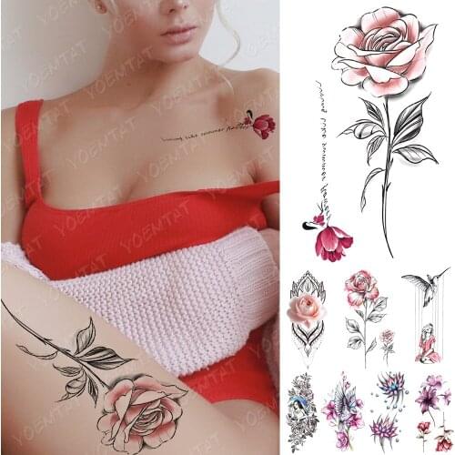 Waterproof Temporary Tattoo Sticker Simple Line Rose Flower Tattoos Girl Bird Rose Body Art Arm Fake Sleeve Tatoo Women Men