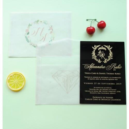 2019 hot sale custom personalized printing clear acrylic wedding invitation card with vellum paper wrapper vellum envelope