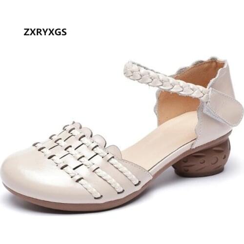2021 High Quality Cowhide Weaving Buckle Lace Round Toe Side Air Summer Shoes Woman Leather Sandals Fashion Elegance Sandals