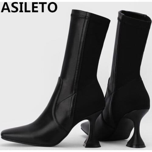 ASILETO Sexy Women Ankle Boots Square Toe Thin Heel Stretch Sock Bootie Faux Suede Slip on Big Size 43 Black Brown S2460