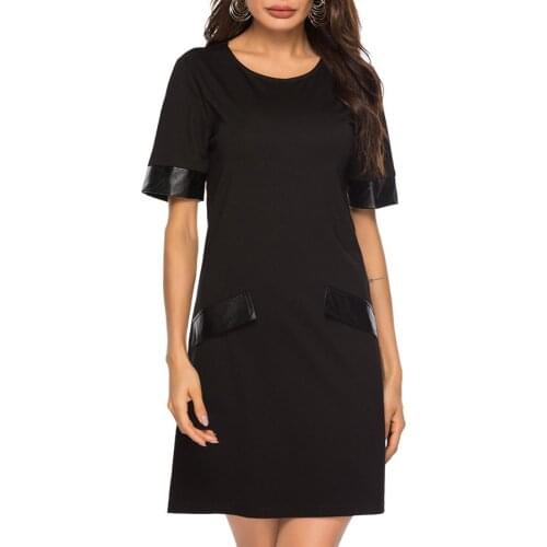 Summer Black Pu Patchwork Casual Dresses Women O-Neck Short Sleeve Solid Vintage Elegant Mini Dress Ropa Mujer New Fashion 2019