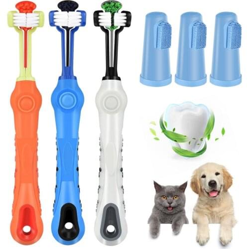 3PCS 3-Sided Pet Toothbrush Set Bad Breath Tartar Remover Pet Supplies Erba Sintetica