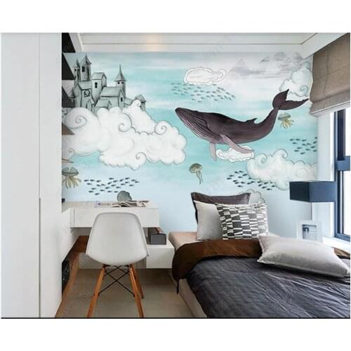 3d photo wallpaper custom mural Cartoon children whale blue sky castle home decor living room wallpaper for walls 3 d