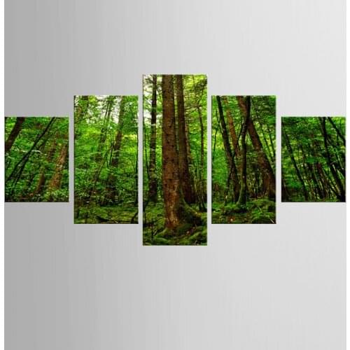 5 panel frame green trees large forest canvas mural art home decoration living room canvas printing modern painting FJJX-351