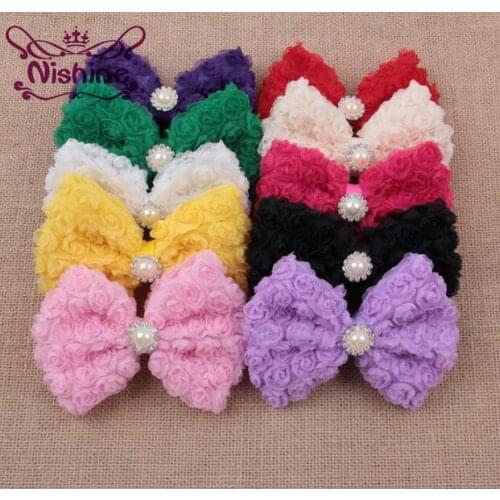 Nishine 4.8" 10pcs/lot Big Lace Chiffon Rose Hair Bows With Pearl Rhinestone Center For Girls Women DIY Hair Accessories