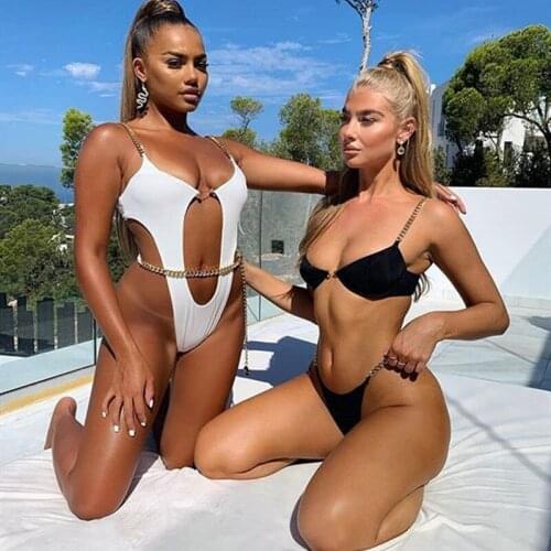 VIKINII 2020 Push Up Bikinis Female Swimwear Sexy White Swimsuits Women Bathers Bathing Suits With Metal Chain Biquinis Feminino