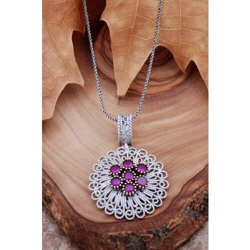 Turkish Handmade Embroidered Ruby Stone Elegant 925 Sterling Silver Necklace Fashion Diamond Jewelry подвеска на шею 2021 Trendy