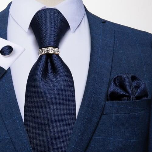 New Fashion Designer Solid Dark Navy Blue Men Tie Formal Business Necktie Pocket Square Cufflinks Tie Ring Set Mens Gift DiBanGu