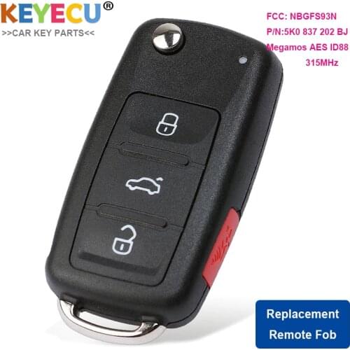 KEYECU Flip Smart Remote Key for Volkswagen Jetta Passat 2017 2018 Fob 4 Button - 315MHz - ID88 Chip - NBGFS93N 5K0 837 202 BJ