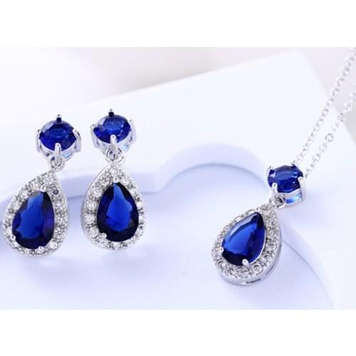 Classic Womens Wedding Bridal Silver Color Jewelry Sets Blue Crystal Water Drop Pendant + Necklace + Earrings Set