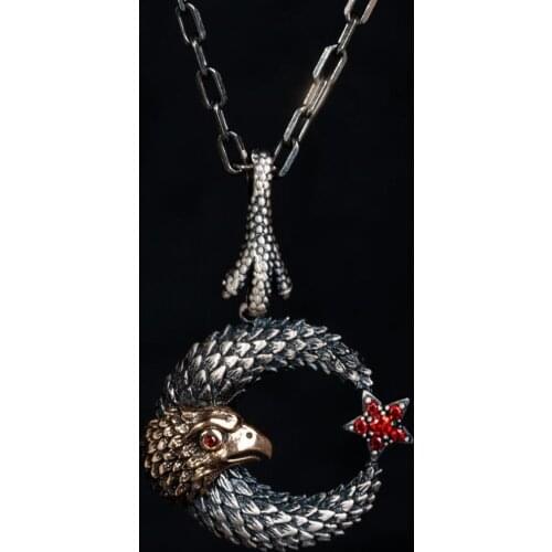 925 Sterling Silver Crescent Star Pendant with Hawk Figure For Men For Men Special Jewelry Necklace Accessory Made in Turkey