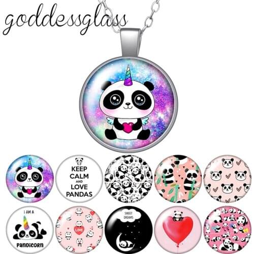 Lovely Cute Panda Round Glass glass cabochon silver plated/Crystal pendant necklace jewelry for Gift