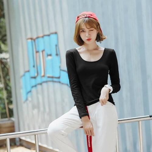 Fashion Joker double U-neck long-sleeved t-shirt 2019 womens new spring sexy slim slimming backless cotton bottoming shirt