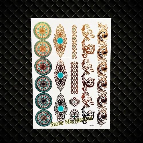New Gold Round Circle Totem Temporary Tattoo Flash Waterproof Tattoo Indian Henna Body Art ARm Sleeve Metallic Tattoo 21x15CM