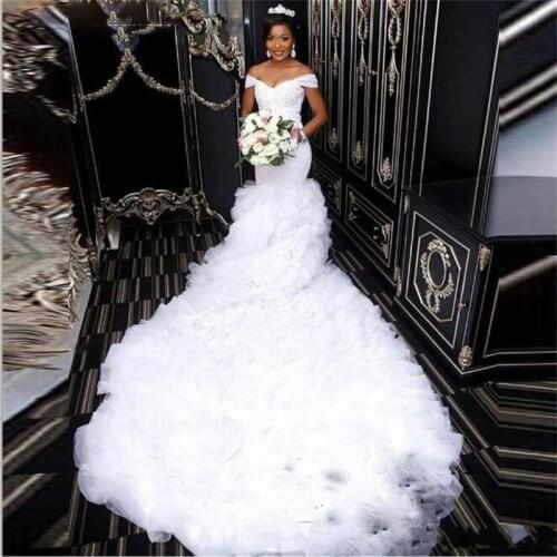 Mermaid Wedding Dresses African Saudi Off Shoulder Tiered Ruffles Lace Appliques Beaded Crystal Zipper Back Chapel Train Bridal