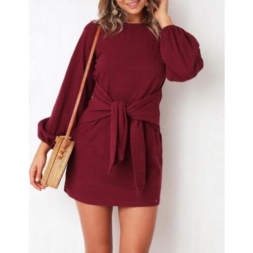 Lantern sleeve o neck autumn dress 2019 women casual long sleeve bow lace up pullover dress women mini t shirt dress Bodycon
