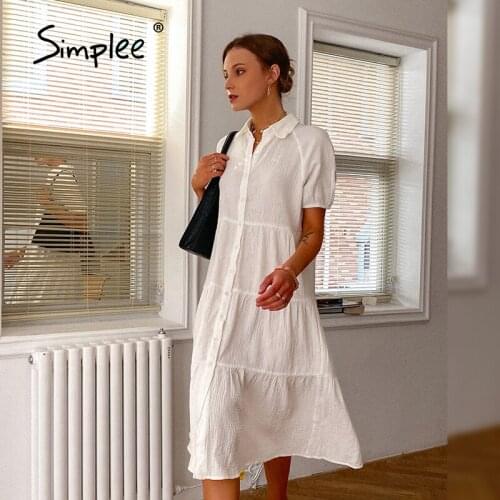 Simplee Causal split solid single-breasted long dress Short sleeves white summer dress woman Leisure comfortable dress 2021 new