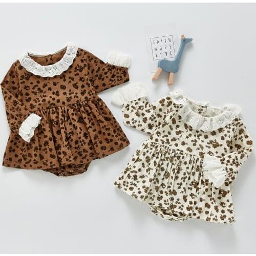 Baby Girls Casual Romper, Floral Printed Pattern Ruffled Hem Collar Long Sleeve Brown/ Apricot