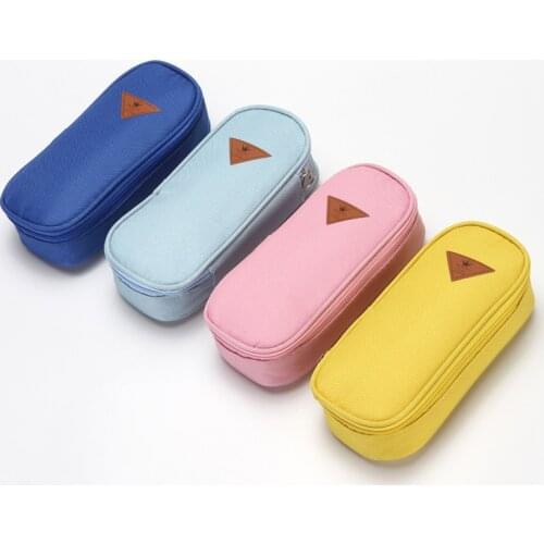 Simple candy color student office stationery bag, canvas pencil bag, multi-functional storage bag, large capacity, washable