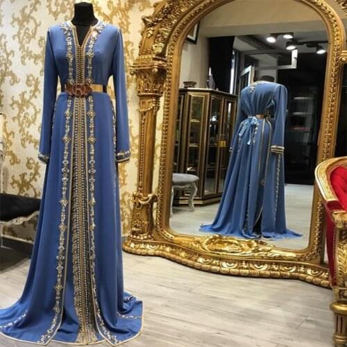Real Image Satin Muslim Prom Party Dresses Long Sleeves V Neck Beaded Custom Made Dubai Moroccan Kaftan Islamic Evening Dresses