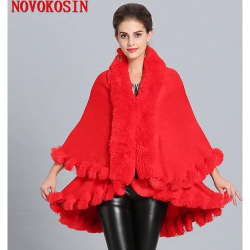 SC275 2018 Winter Warm Faux Fox Fur Long 2 Layer Poncho Cape Cloak Oversize Knitted Sweater Women European Loose Cardigan Coat