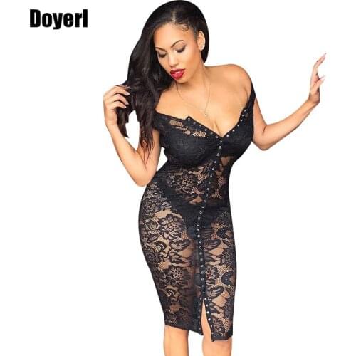Sexy Sheer Black Lace Dress Women Scoop Neck Button Down Knee Length Bodycon Midi Dress Plus Size See Through Club Party Dresses