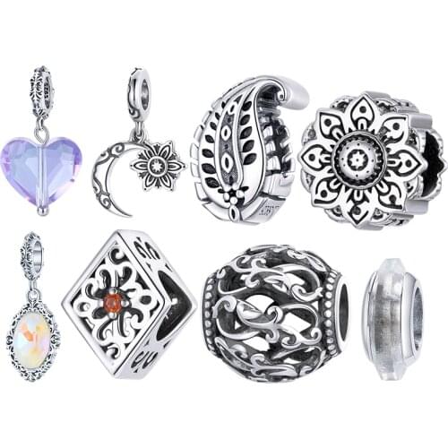 BISAER 100% 925 Sterling Silver Zircon Magic Mirror Love Heart Moon Lotus Charm Beads Fit Women Bracelet DIY Beads Fine Jewelry