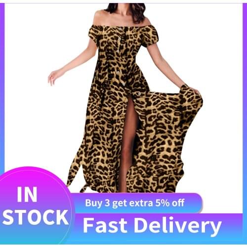 Chiffon Leopard Print Dress Womens Off Shoulder High Side Split Long Dress Short Sleeves Party Sexy Maxi Dress Платье 2021