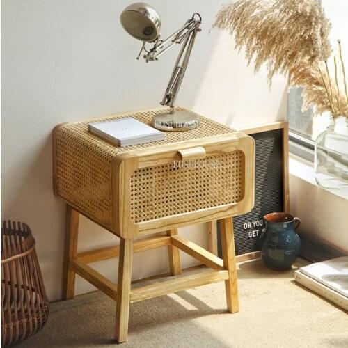 Modern Nightstand Minimalist Bedroom Bedside Cabinet Household Rattan Racks Simple Handmade Rattan Bedside Table Storage Cabinet