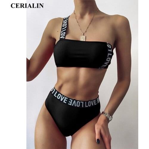 High Waist Swimwear Women Sexy Bikini Set One Shoulder Summer Love Letter Print Swimsuit Female Push-up Bathing Suit Beachwear