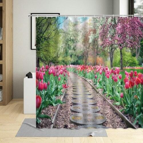 Spring Flower Theme Pink Tulip Pastoral Shower Curtain Gardening Butterfly Rural Decor Screens Waterproof Bathroom Curtains Set