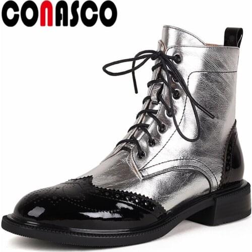CONASCO New Fashion Women Ankle Boots Autumn Winter Warm Genuine Leather Causal Prom Office Lady Concise Punk Shoes Woman