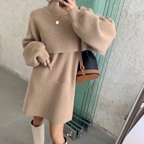 2021 New Two Pieces Set Women Korean Casual Loose Long Sleeve Autumn Winter Pullover Elegant Sweater Top Suspender Skirt Suits